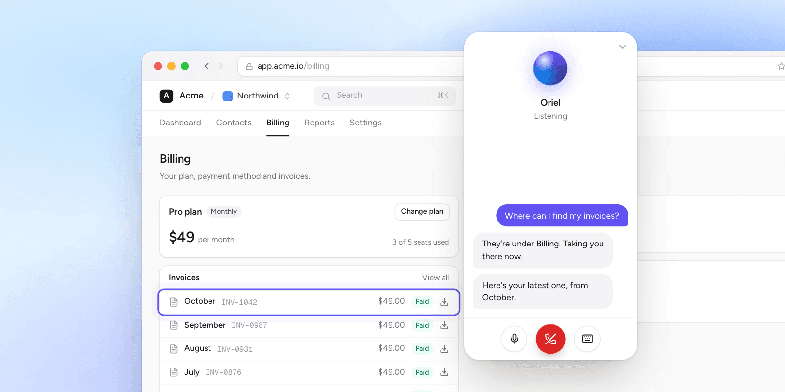 The assistant takes a customer to Billing and points at their latest invoice
