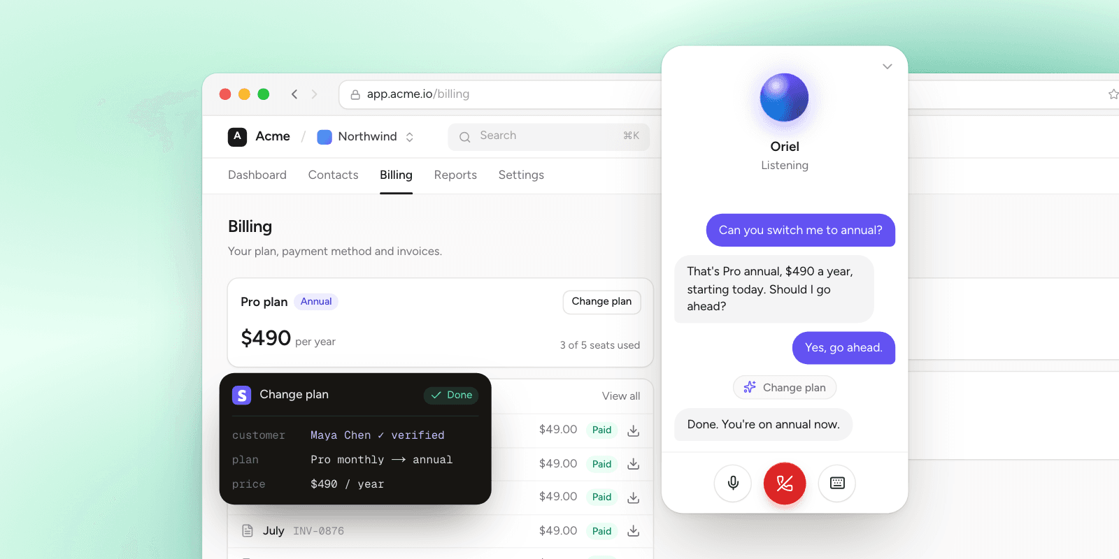 A customer asks to switch to annual, confirms, and the plan changes in Stripe